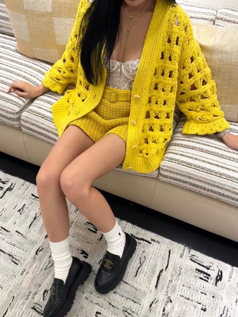 Chanel 25C Early Spring Crochet Knit Handmade Cardigan with Rhinestone Buttons