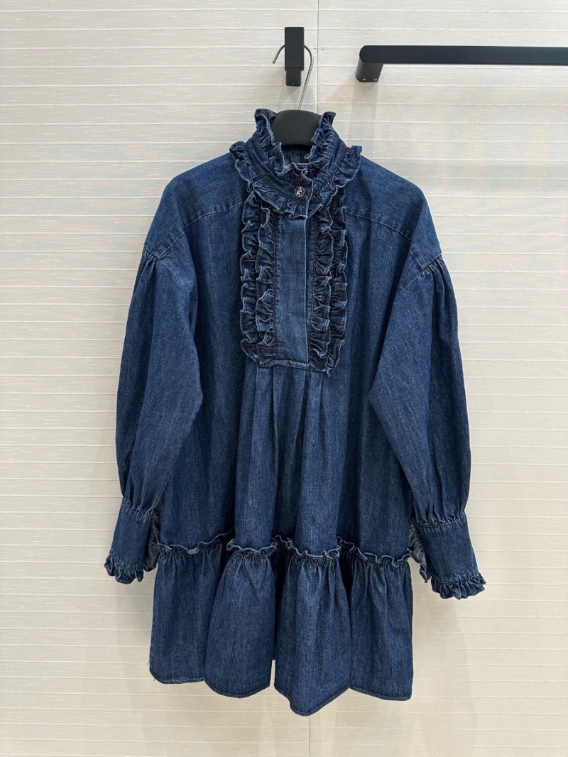 Valentino Puff-Sleeve Ruffle Hem Denim Dress