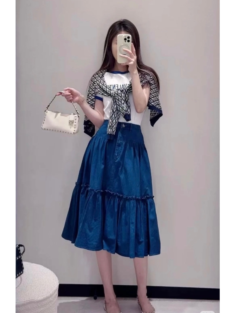 Valentino Ruffled Denim Midi Skirt – Romantic and Elegant