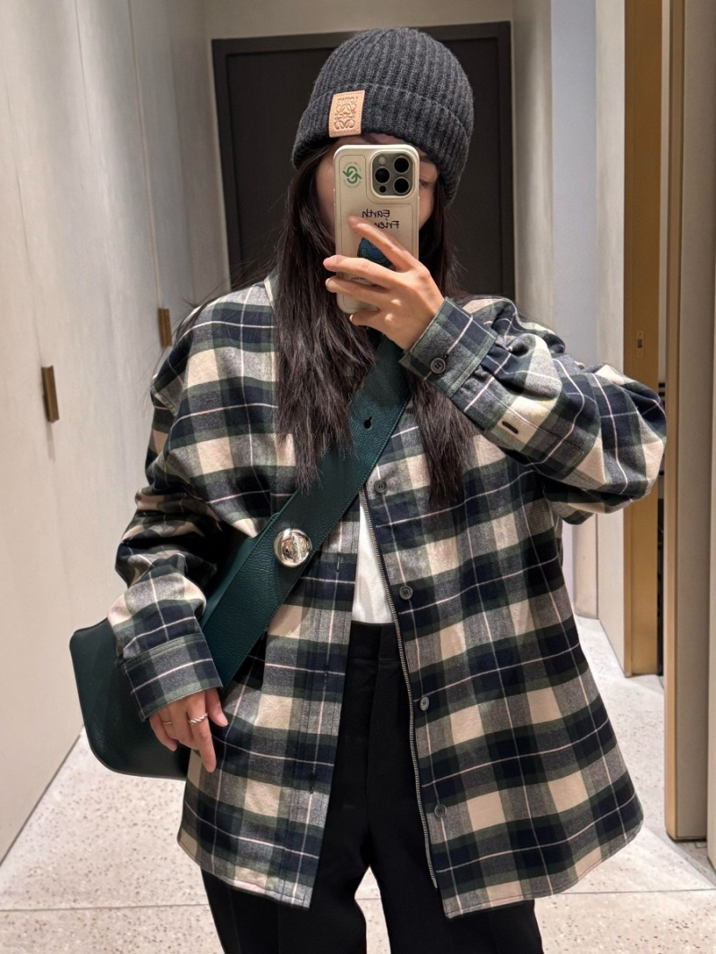 Loewe 2025 Collection Premium Flannel Leather-Trimmed Zip Jacket – Plaid Pattern