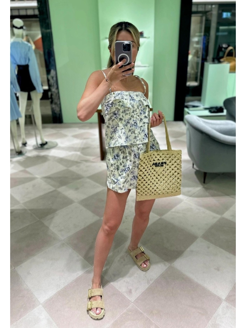 Prada Spring/Summer 2024 Collection Floral Triangle Logo Spaghetti Strap Top and Shorts Set in Light Beige