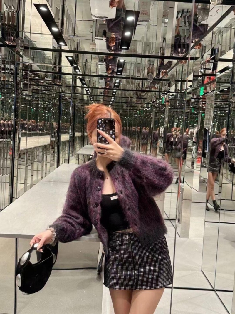 Alexander Wang 24 FW Jacquard Plaid Mohair Knit Cardigan. Purple with Black Plaid Accents