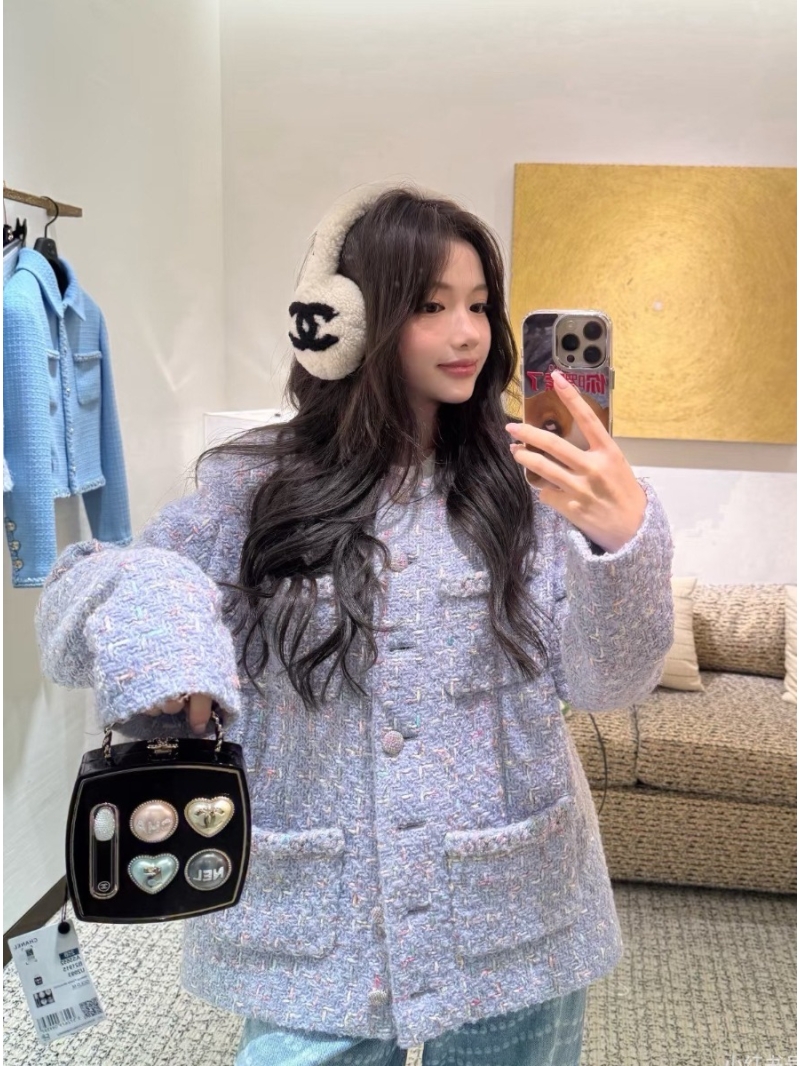 Chanel Women's Tweed Jacket - Exquisite Purple & Pink Blue Metallic Thread, Silken Lining, Custom Sparkling Buttons, Couture-Inspired Fit