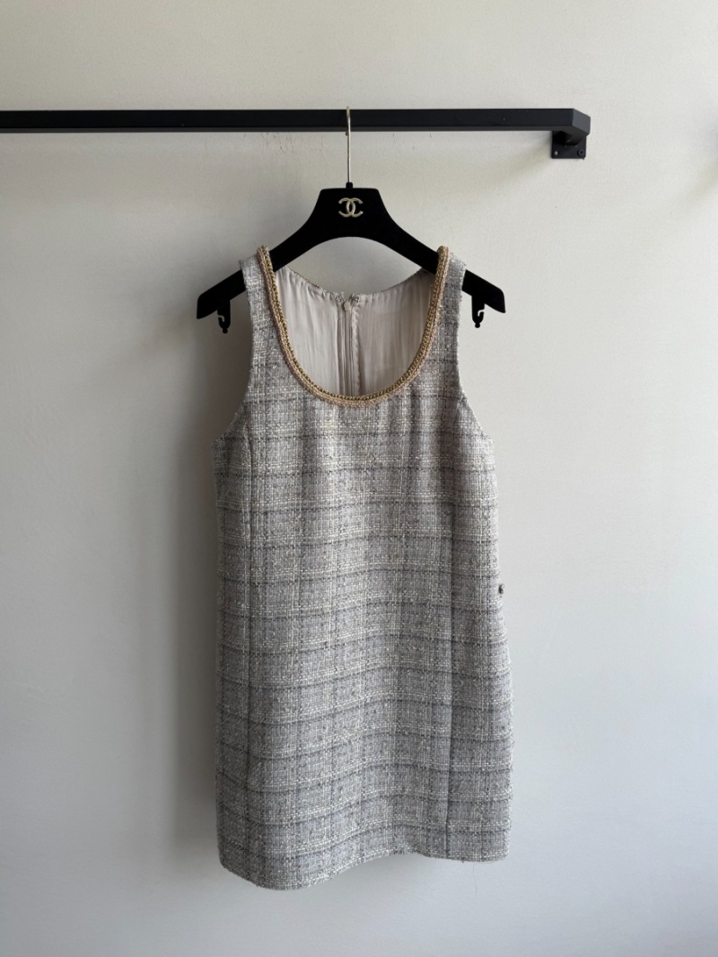 Chanel 25B Atelier Sleeveless Knit Vest Dress in Light Gray & White with Gold Trim