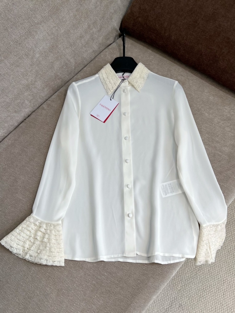 Valentino Spring 2025 Lace-Trimmed Ruffled Silk Blouse White