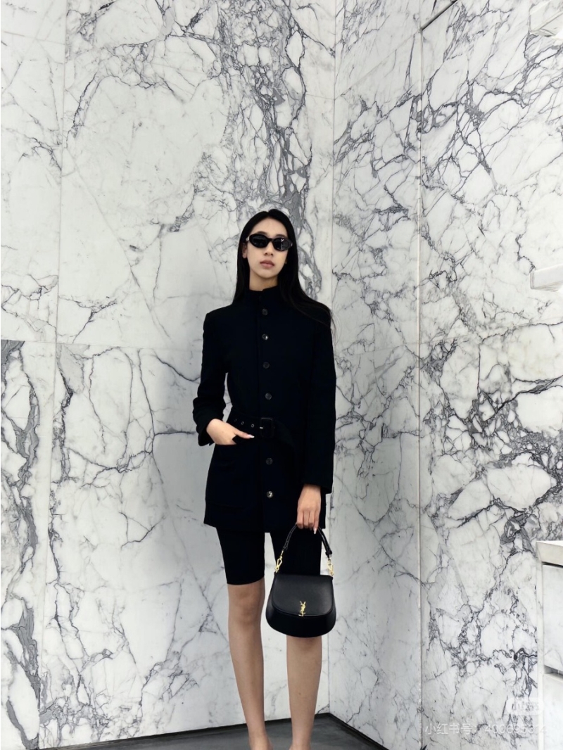 Saint Laurent YSL Wool High Collar Single-Breasted Coat