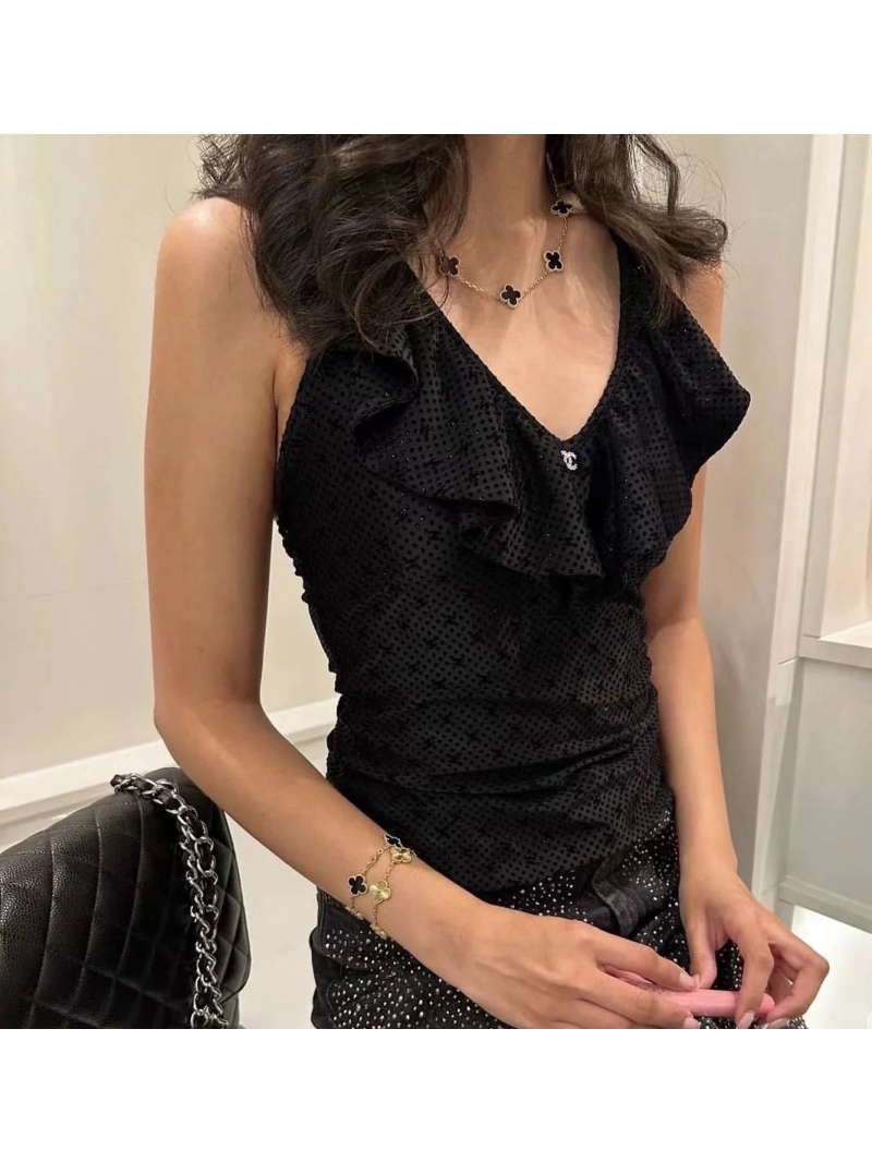Chanel Ruffled Halter Top – Elegant Black Sleeveless Blouse