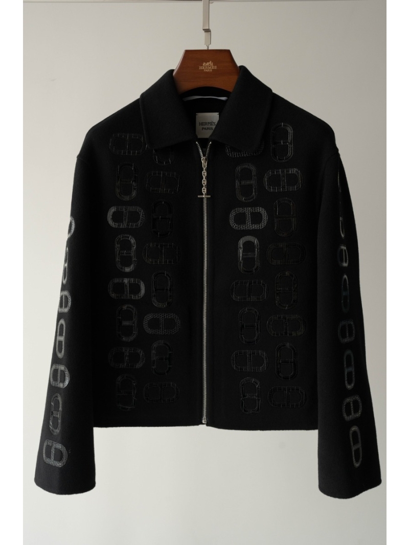 Hermes Hand-Stitched Lizard Pattern Cashmere Coat Black