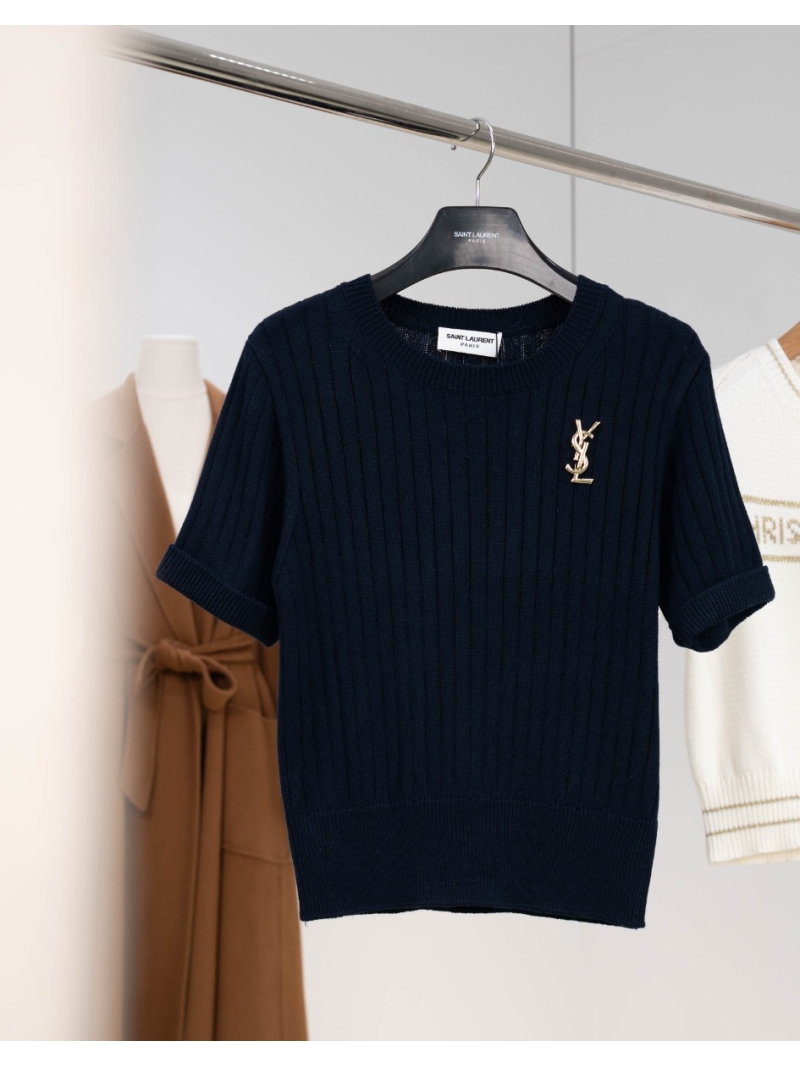 Saint Laurent Ribbed Knit Short Sleeve Sweater in Navy Blue - 100% Cotton with Gold YSL Brooch