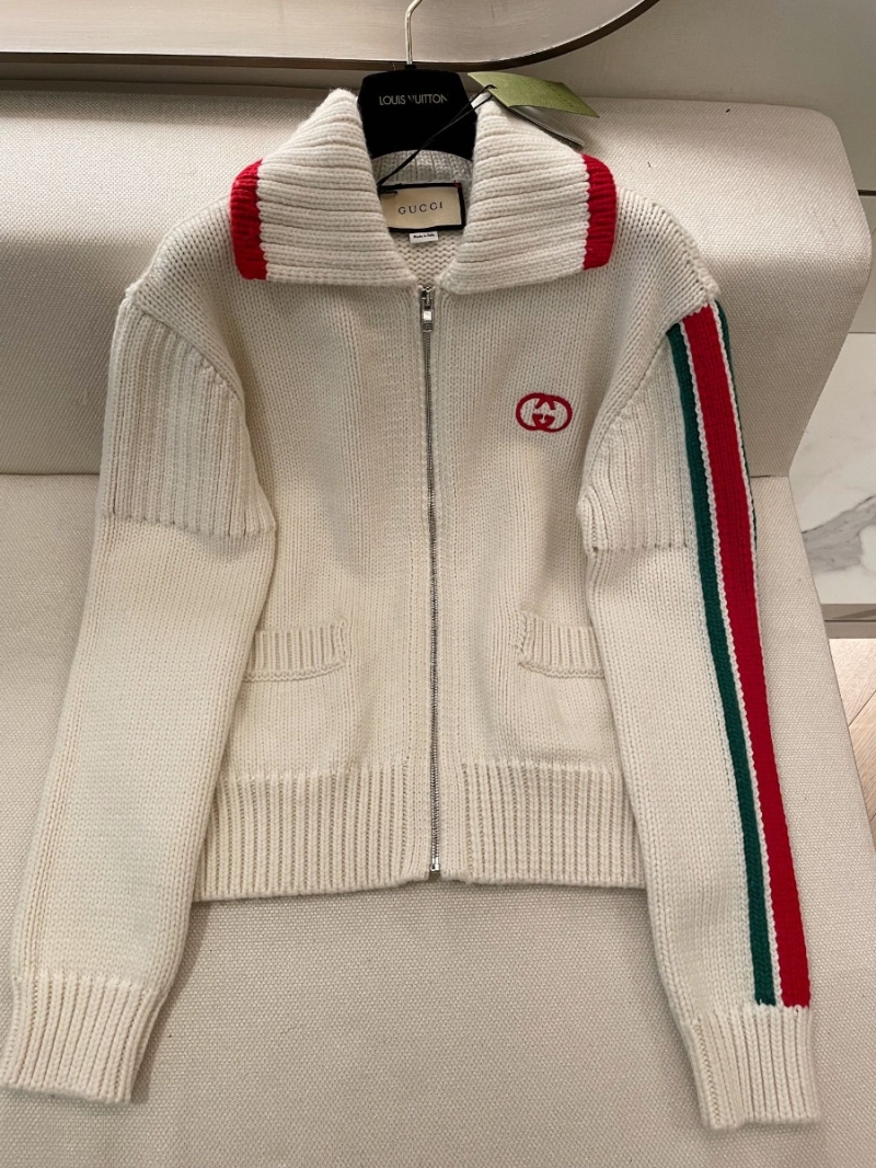 Gucci Classic Stripe Trim Thick Knit Wool Cardigan