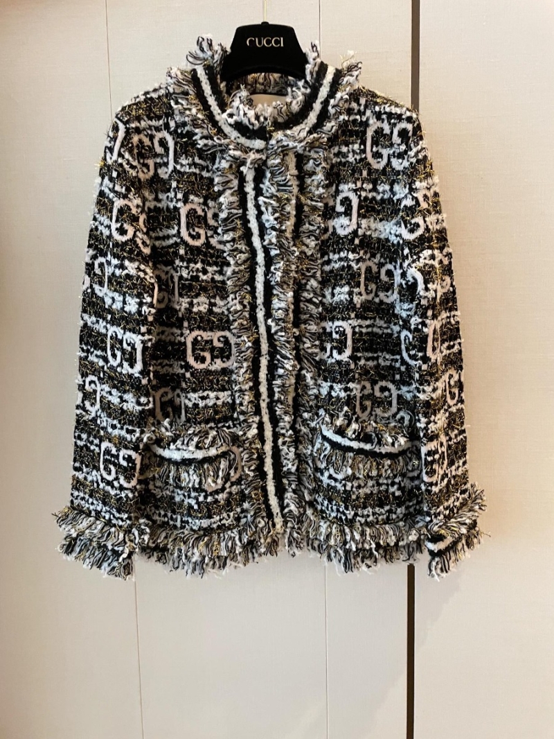 Gucci Wool and Gold Thread GG Jacquard Cardigan with Fringe Detail