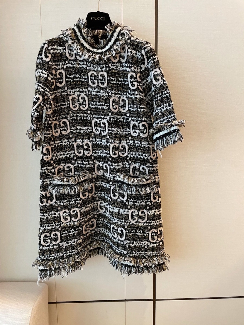 Gucci Gold Thread GG Jacquard Wool Dress with Fringe Detail
