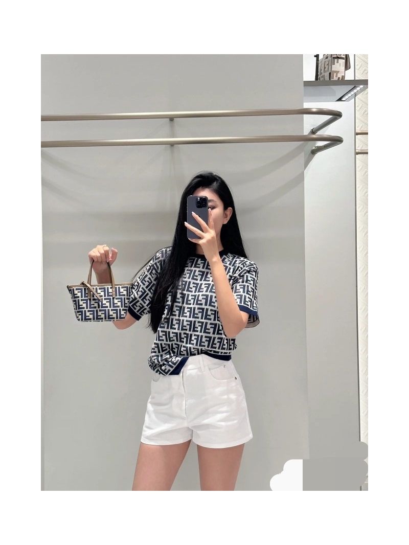 Fendi Classic Logo Jacquard Knit Short Sleeve Top