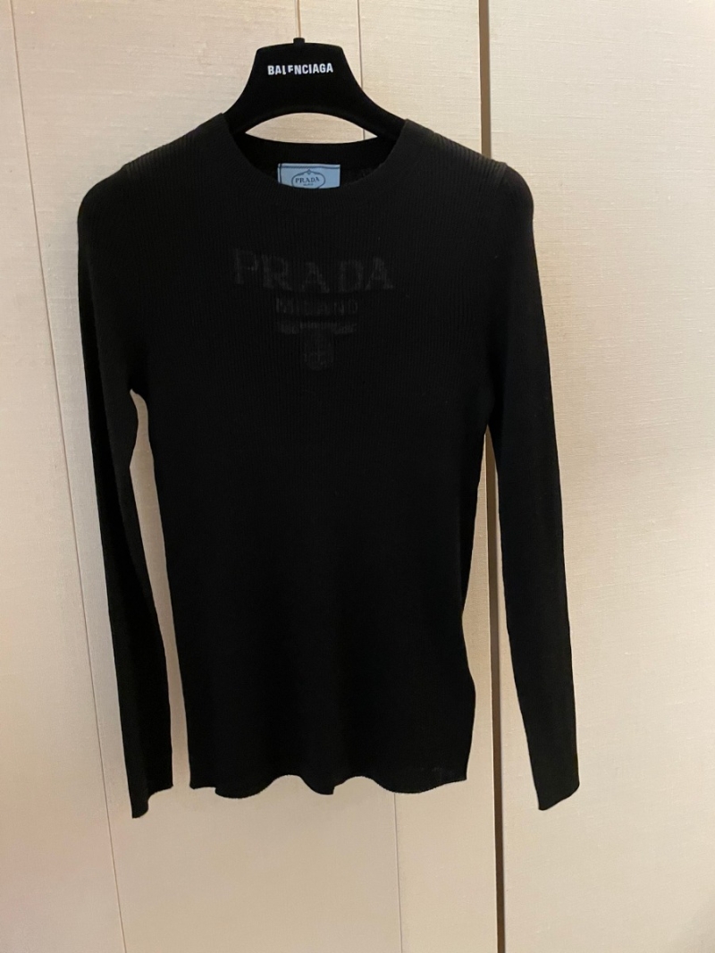 Prada 24 New Collection Ultra-Fine Wool Knit Long-Sleeve Shirt. Black