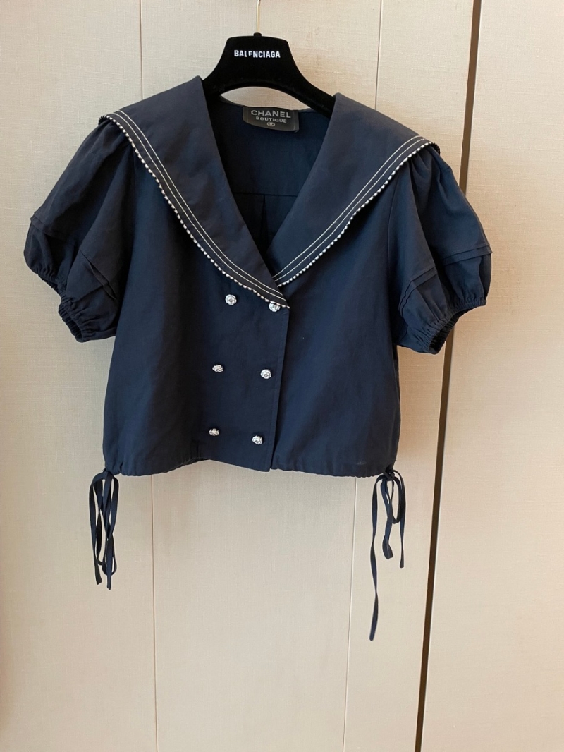 Chanel CC Navy Collar Collection V-Neck Cotton Top - Navy