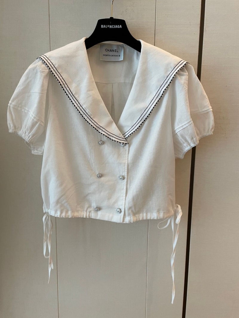 Chanel CC Navy Collar Collection V-Neck Cotton Top - Cream