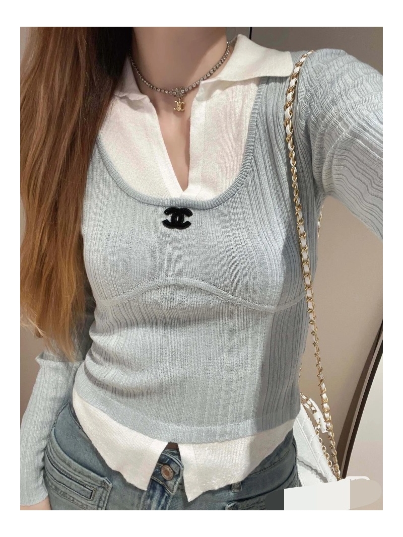 Chanel Fall/Winter Collection Contrast Two-in-One Knit Sweater – soft pastel blue with a contrasting white collar and inner layer.
