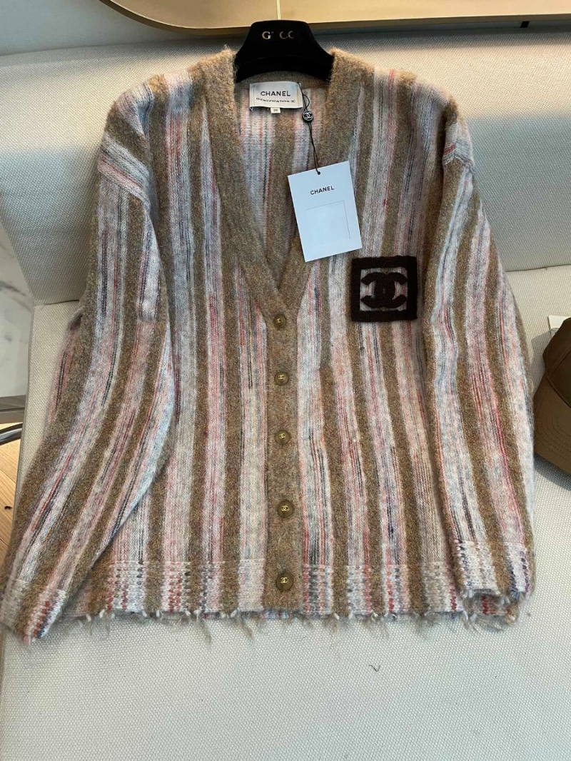 Chanel CC New V-Neck Wool Striped Cardigan in Khaki