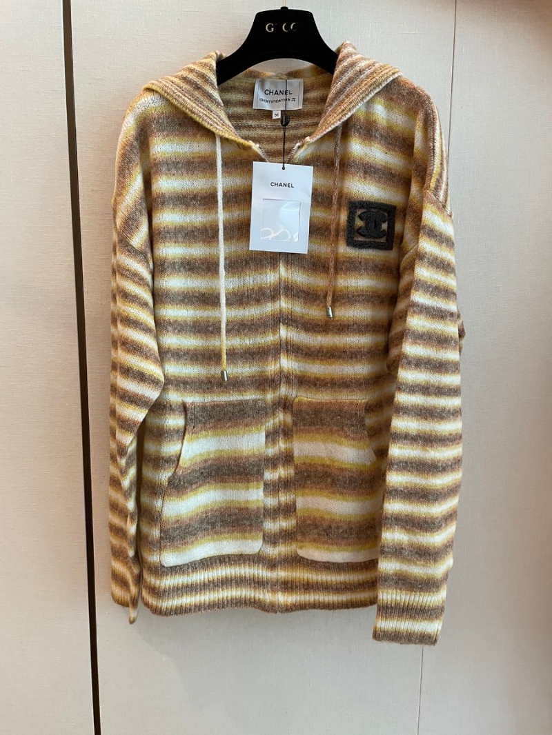 Chanel CC New Collection Hooded Wool Cardigan in Yellow and White Stripes
