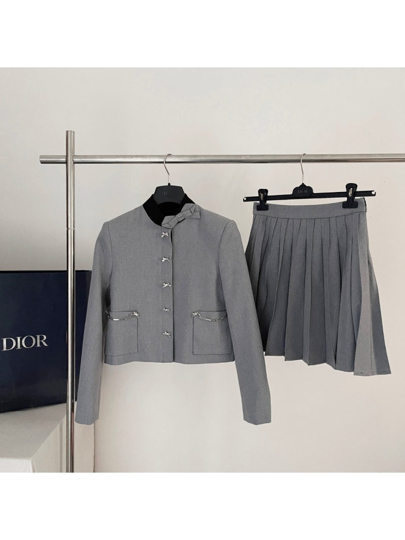 Christian Dior Heathered Grey Cropped Wool Jacket with Silver Butterfly Clasps and Silk Lining