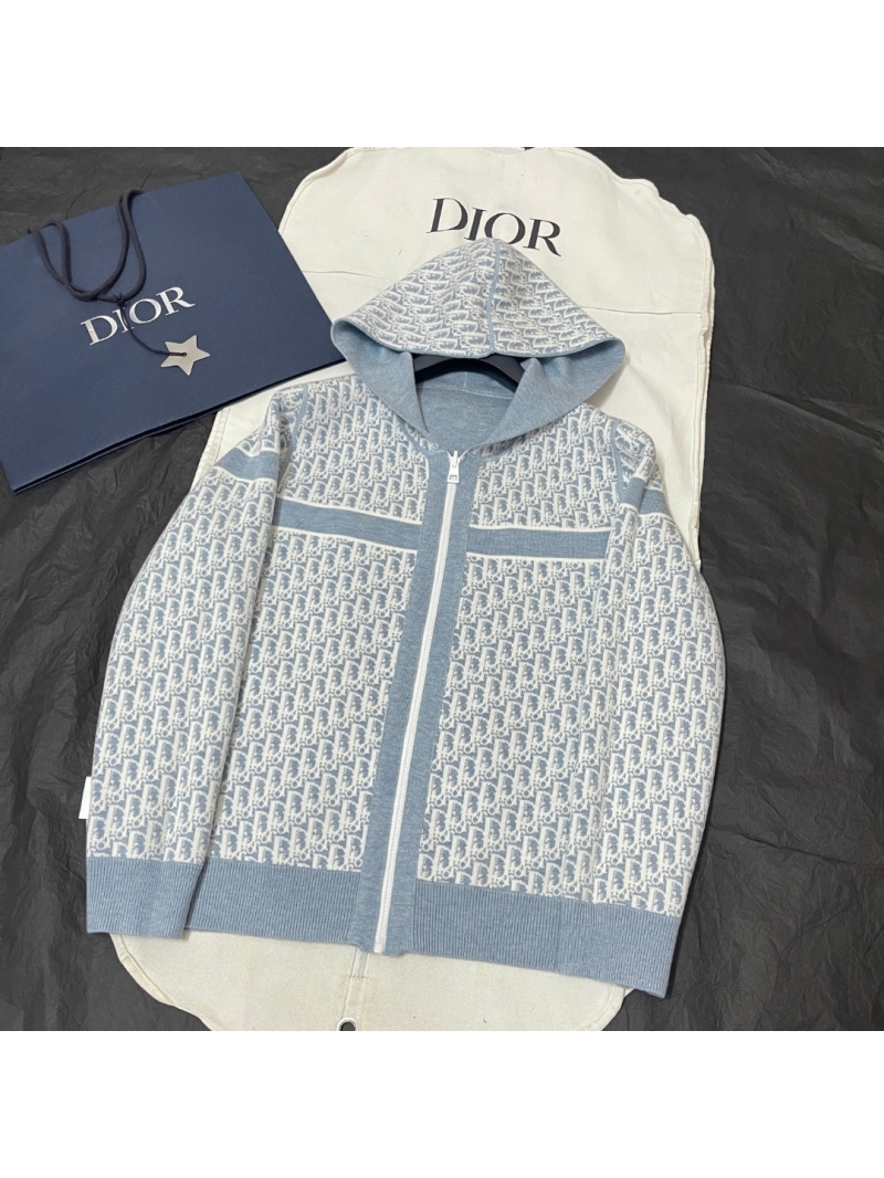 Dior Signature Oblique Cashmere Zip-Up Hooded Cardigan in Powder Blue