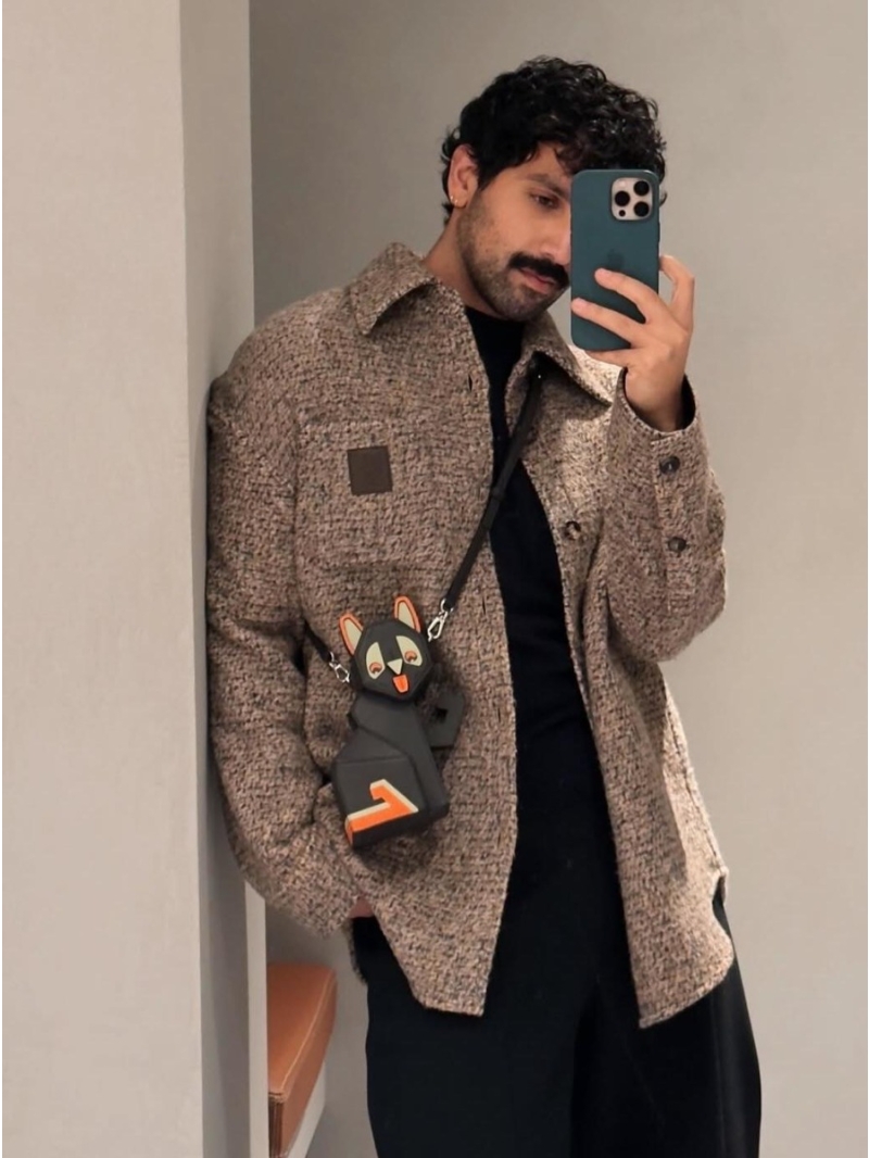 Loewe Wool Blend M&eacute;lange Shirt Jacket - Earthy Taupe Boucl&eacute; Shacket with Leather Anagram Patch