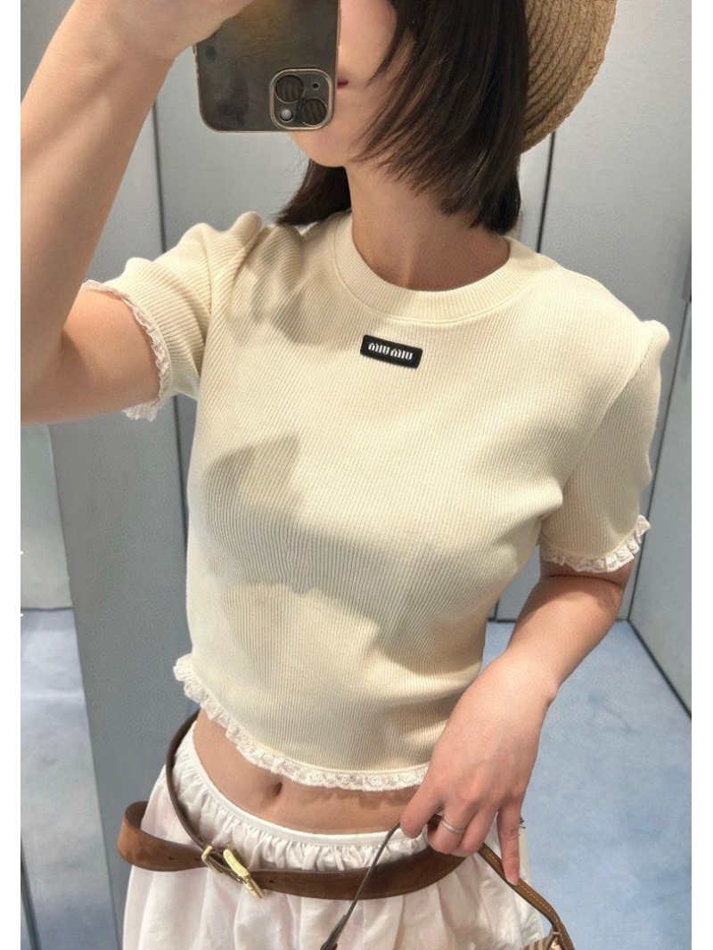 Miu Miu Summer Exclusive Lace-Trimmed Short-Sleeve Top - Luxe Cotton Chic