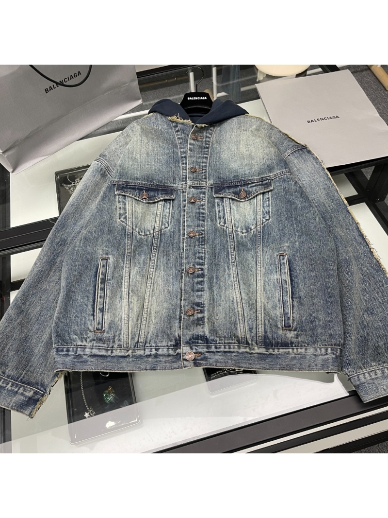 Balenciaga Two-Tone Denim Jacket with Faux Layered Hoodie - Blue