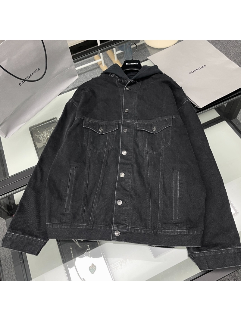 Balenciaga Two-Tone Denim Jacket with Faux Layered Hoodie - Black
