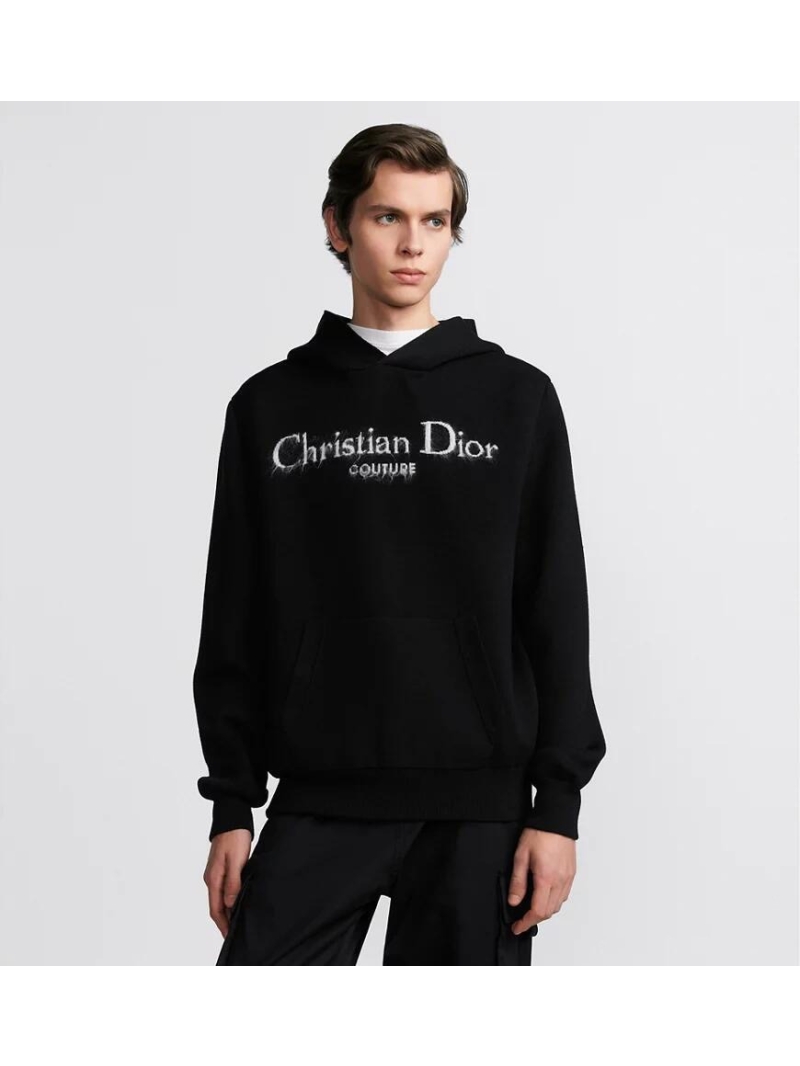 Christian Dior Signature Black Basulan Wool Hoodie | CD Velvet Jacquard | Hand-Finished Couture Knit
