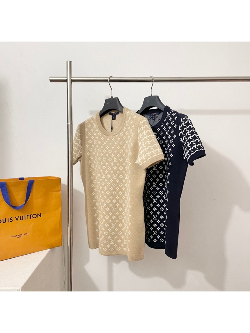 Louis Vuitton Monogram Jacquard Wool Short-Sleeved Knit Top in Sandy Beige