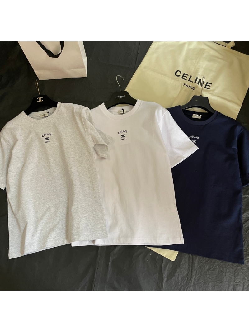 Celine Triomphe Embroidered Relaxed Cotton T-Shirt in Heather Gray White Navy