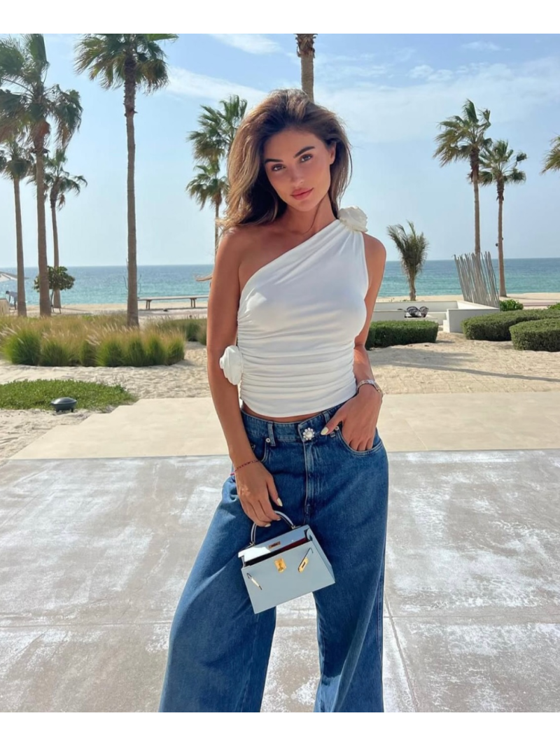 Saint Laurent Elegant White One-Shoulder Floral Dress