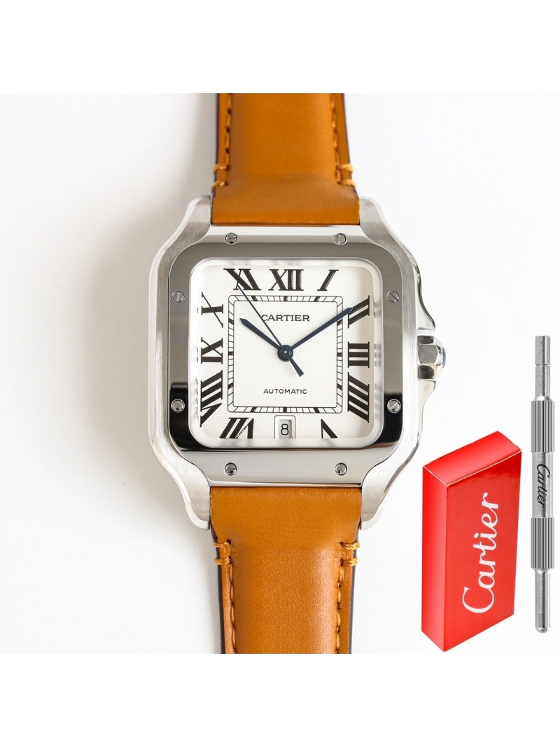 Cartier Santos de Cartier Men's Automatic Watch 40mm white dial brown- calfskin belt