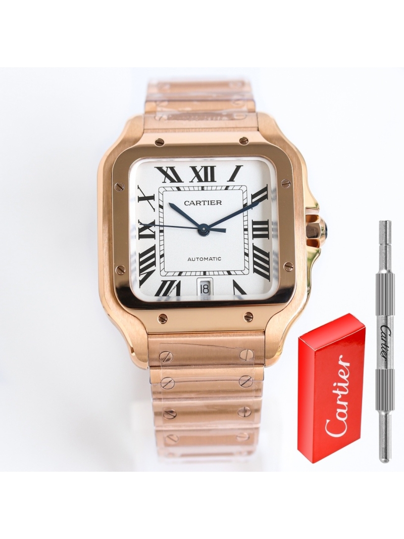 Cartier Santos de Cartier Men's Watch 40mm white dial, rose gold - Alligator belt