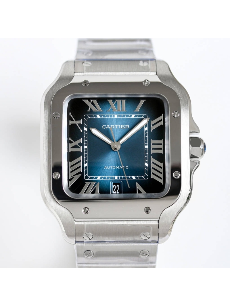 Cartier Santos de Cartier Men's Watch 40mm blue dial, steel - Calfskin belt