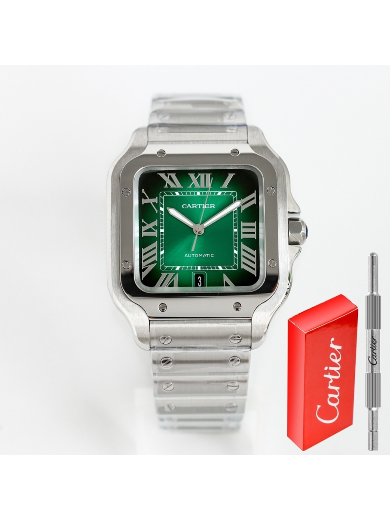 Cartier Santos de Cartier Men's Watch 40mm green dial, steel - Calfskin belt