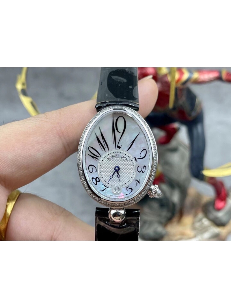 Breguet Silver Watch with Diamond Accents and black Crocodile Strap 35.6 x 28.5 mm