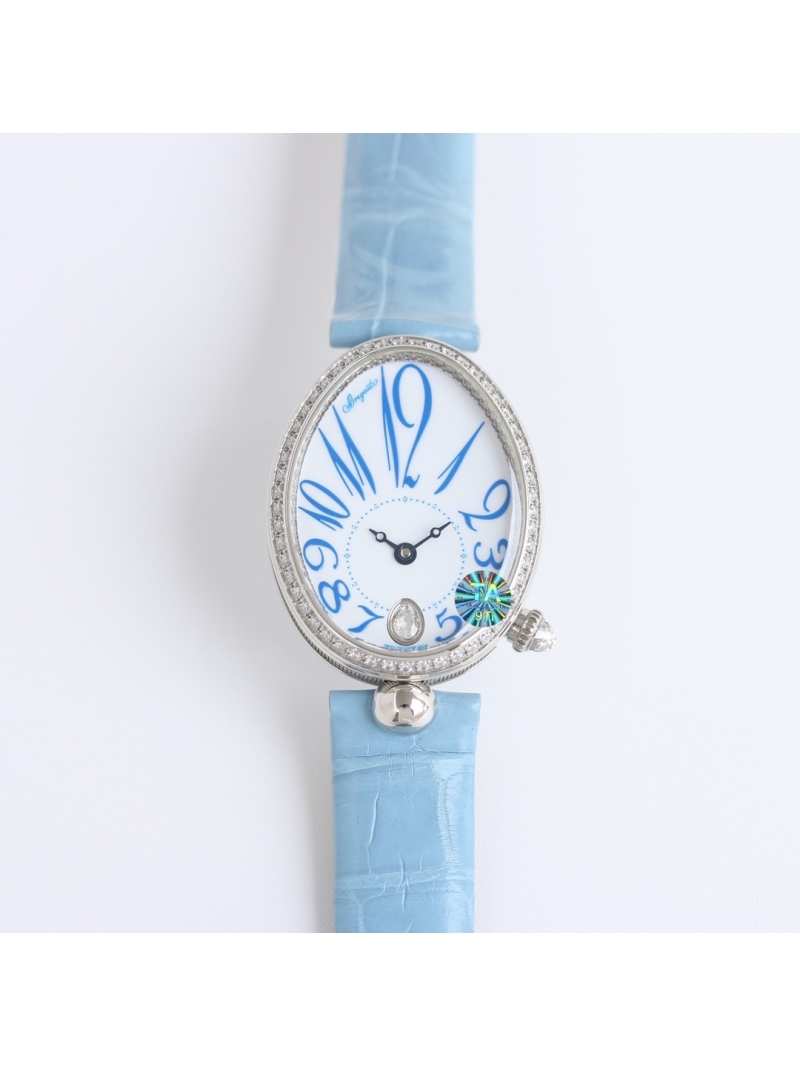 Breguet Silver Watch with Diamond Accents and blue crocodile Strap 35.6 x 28.5 mm