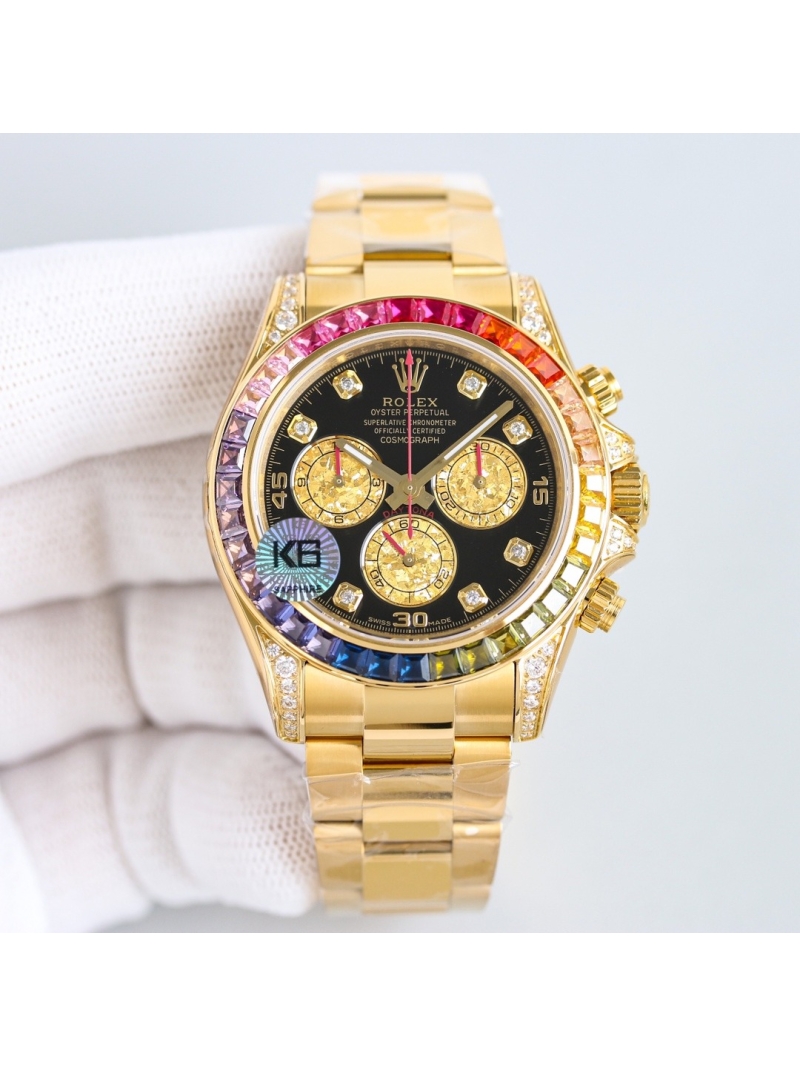 Rolex Cosmograph Daytona 40mm - Black Dial, Rainbow Sapphire Bezel, 18K Gold Oyster Bracelet